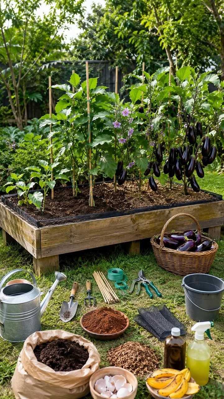 Eggplants: From Garden to Kitchen 1 Fresh eggplants harvested from the garden ready for cooking in the kitchen.
