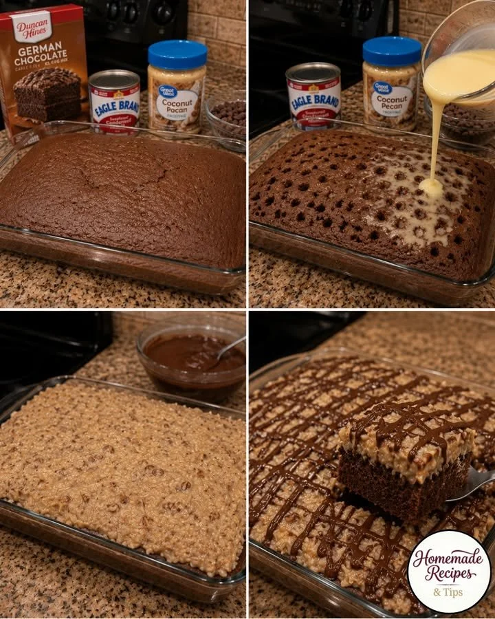 German Chocolate Poke Cake Recipe with Coconut Pecan Frosting 1 Delicious German Chocolate Poke Cake with coconut pecan frosting