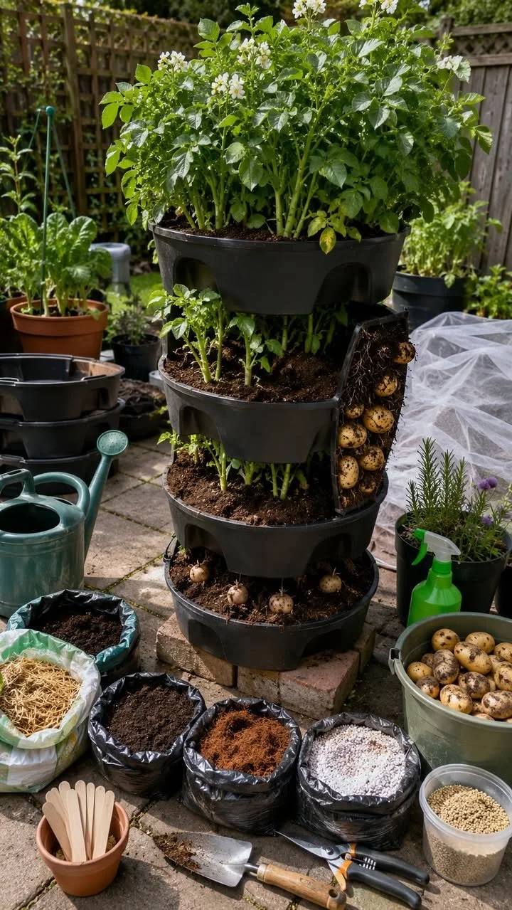 Grow Potatoes Vertically in Stackable Pots 1 Growing potatoes vertically in stackable pots for efficient space use