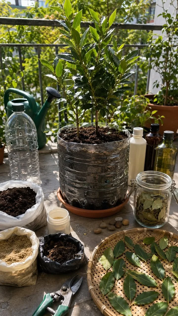 Growing Bay Leaves in Containers Using Recycled Bottles 1 Container garden with bay leaves grown in recycled bottles.