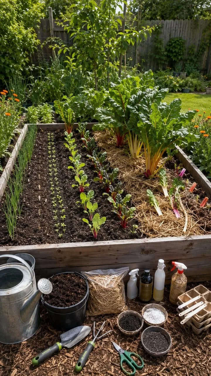 Growing Chard in Wooden Beds Outdoors 1 Freshly grown chard in wooden garden beds outdoors.