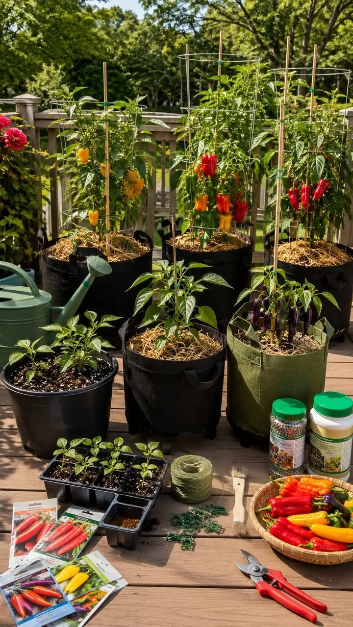 Growing Container Peppers on Patios and Balconies 1 Container peppers growing on a patio with colorful peppers and greenery.