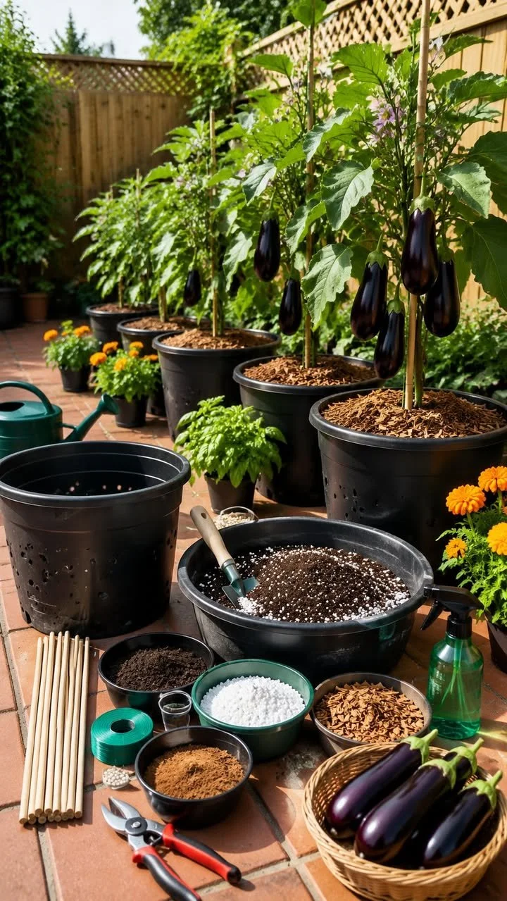 Growing Eggplants in Pots: Essential Tips for Success 1 Potted eggplant plants with healthy leaves and fruits in a sunny garden setting.