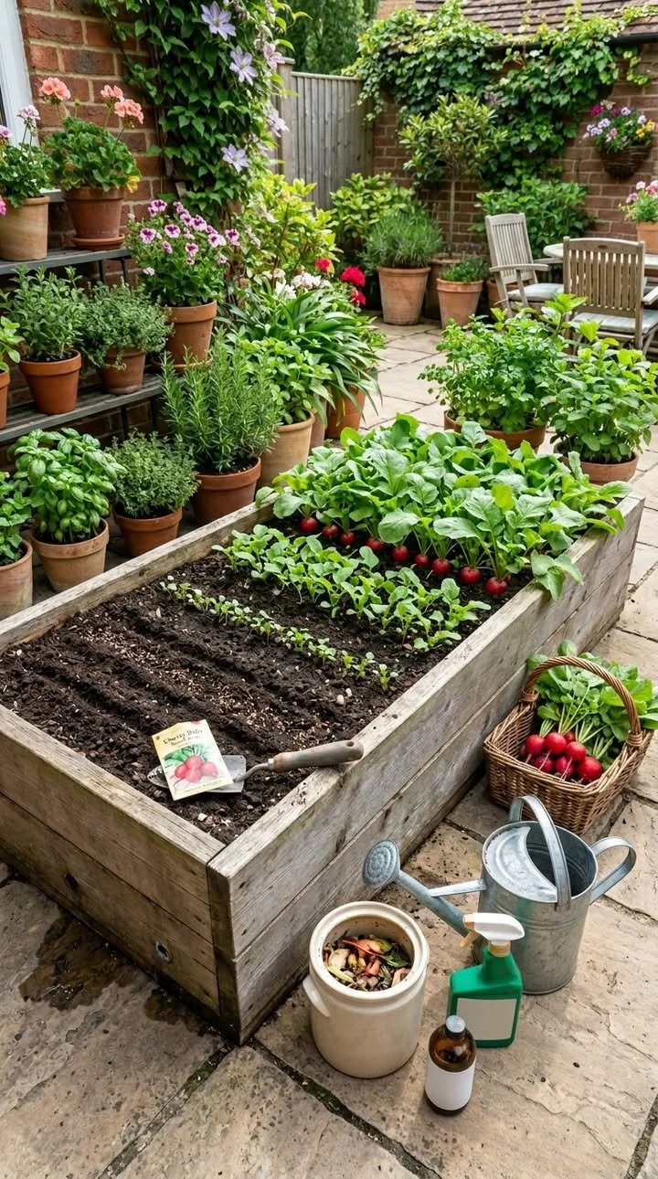 Growing Radishes in a Patio Pot 1 Container filled with soil and radish seeds for growing radishes in a patio pot