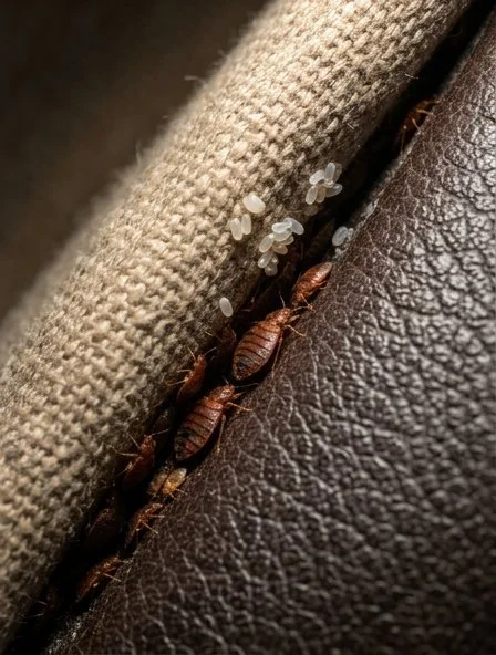 Hidden in a Sofa Crack: Are These Bed Bugs? 1 Inspection of a sofa crack for potential bed bugs