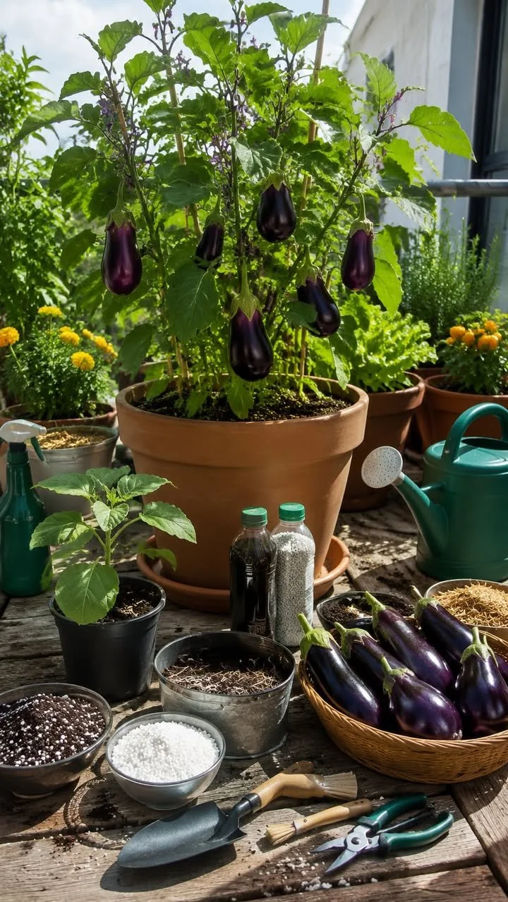 How to Grow Thriving Eggplants in Pots 1 Healthy eggplants growing in pots on a sunny balcony