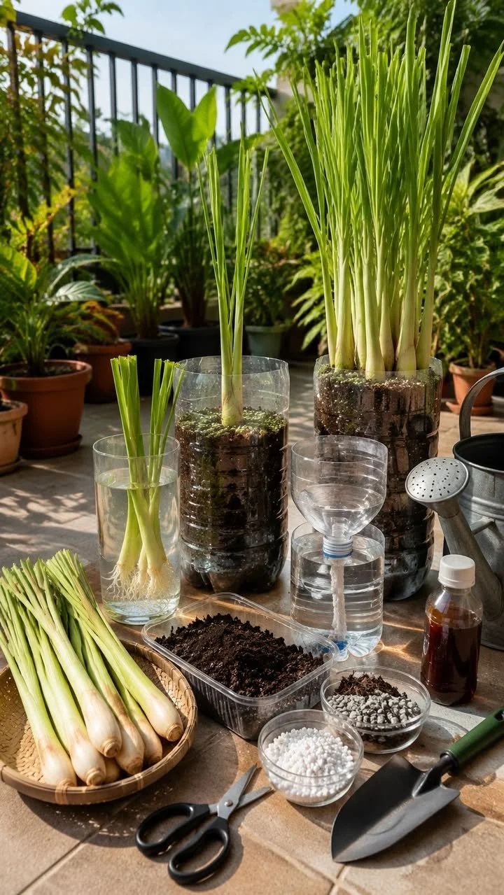 Regrowing lemongrass in recycled plastic bottles for sustainable gardening