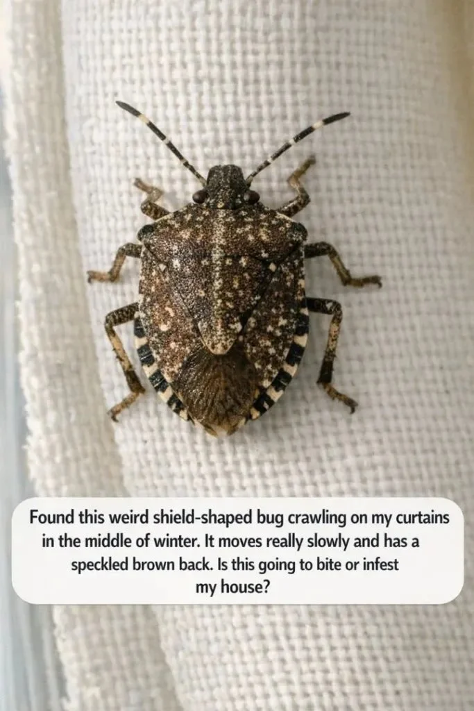 Identifying a Shield-Shaped Bug on Curtains in Winter 1 Shield-shaped bug found on curtains in winter season.