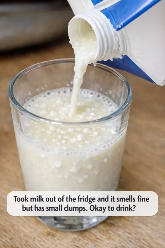 Clumpy milk in a glass indicating possible spoilage.
