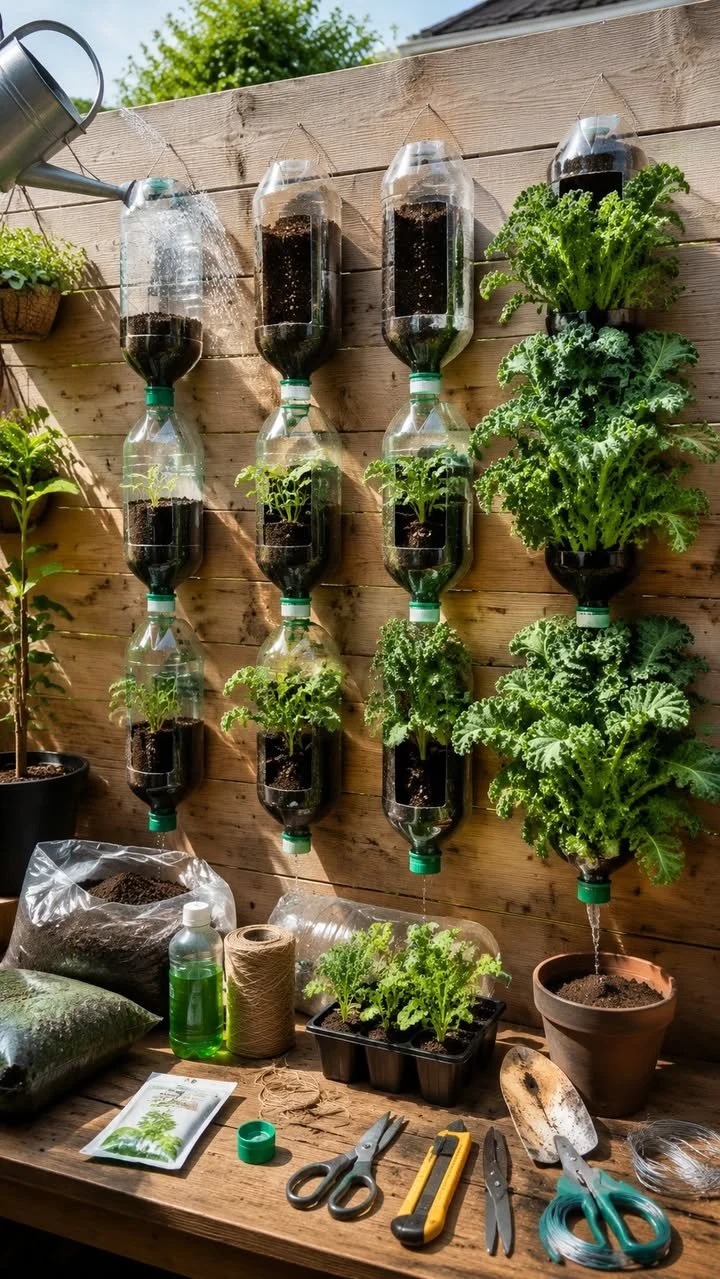 Kale Wall Planters from Upcycled Bottles 1 Kale wall planters made from upcycled bottles showcasing greenery.