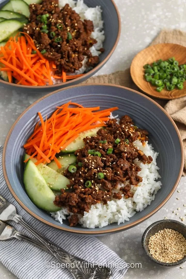 Korean Beef Bowl Recipe 1 Korean beef bowl served with rice and vegetables