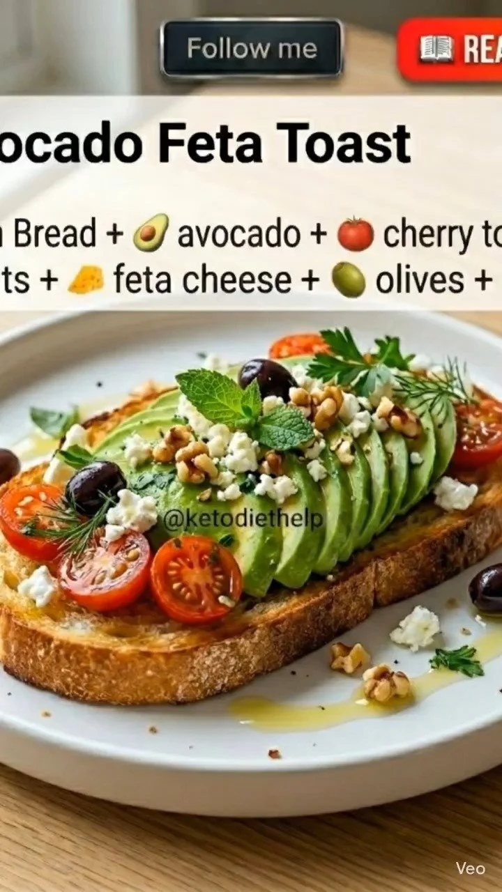Mediterranean avocado toast topped with fresh ingredients for a healthy breakfast.