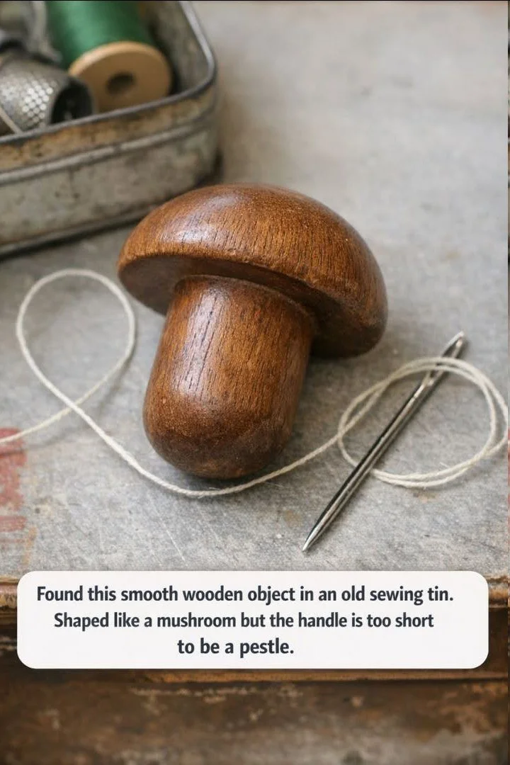 Mushroom-Shaped Wooden Object Found in an Old Sewing Tin 1 Mushroom-shaped wooden object discovered in an antique sewing tin