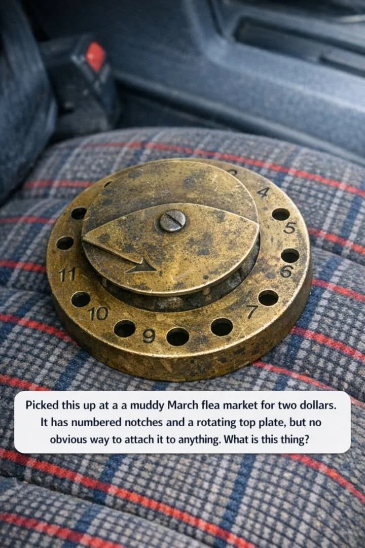 Mysterious Gadget with Rotating Top Plate and Numbered Notches 1 Mysterious gadget with rotating top plate and numbered notches.
