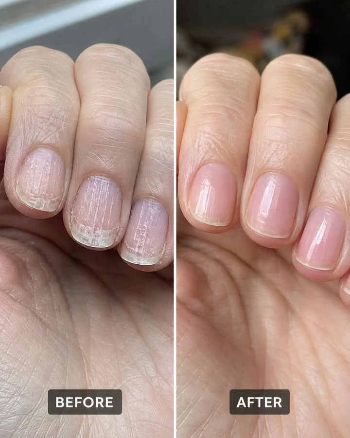 Person examining nail ridges and flaky layers