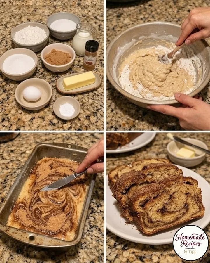 No-Yeast Amish Cinnamon Bread with Brown Sugar and Buttermilk 1 Sliced No-Yeast Amish Cinnamon Bread with brown sugar and buttermilk.