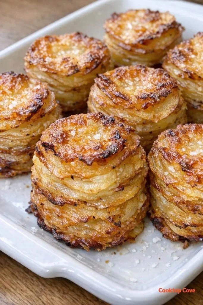 Oven-baked 3-ingredient crispy potato stackers served on a plate.