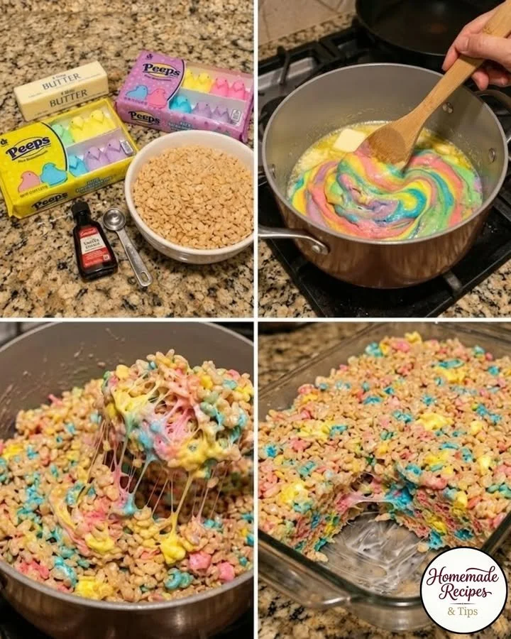Colorful Peeps Rice Krispies Treats arranged on a plate for a festive treat