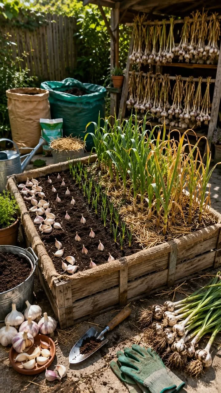 Garlic bulbs planted in crates for a backyard garden harvest.