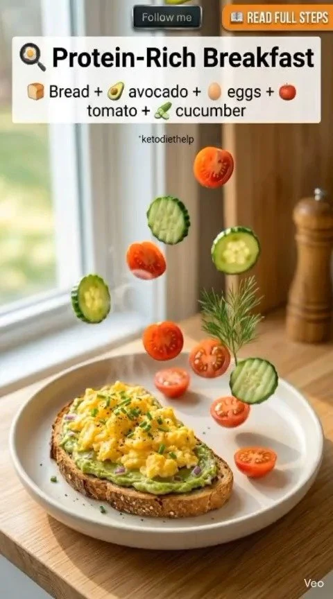 Protein-packed avocado egg toast topped with fresh herbs and spices.
