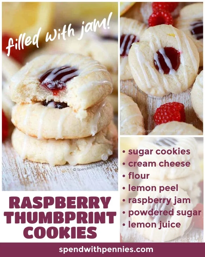 Freshly baked Raspberry Thumbprint Cookies with raspberry jam filling