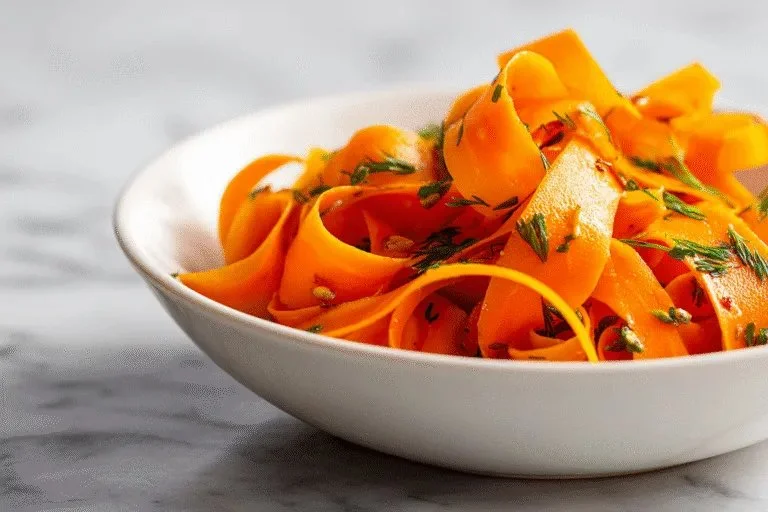 Ribbon Carrot Salad Recipe 1 Delicious ribbon carrot salad garnished with fresh herbs