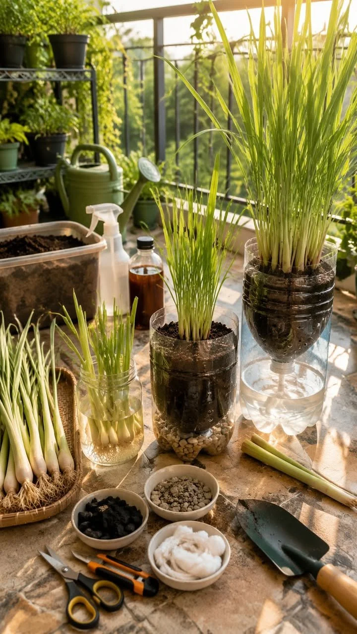Root and Grow Lemongrass in Bottles at Home 1 Bottles containing rooted lemongrass sprouting from soil at home