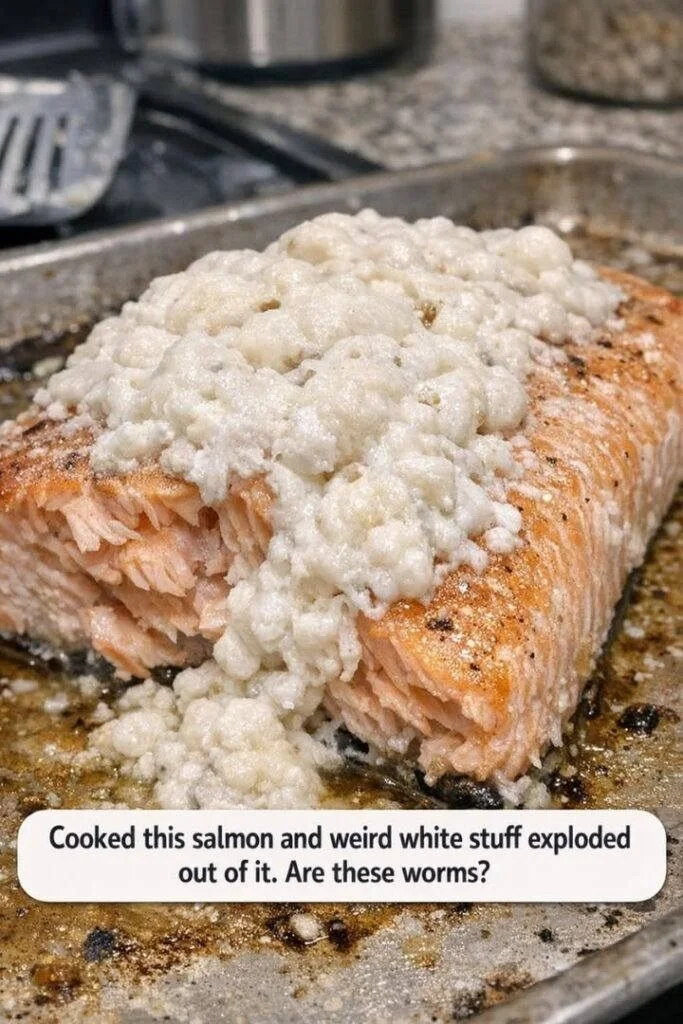Salmon: Weird White Substance Bursts Out — Are These Worms? 1 Close-up of salmon displaying white worms or parasites within the flesh.