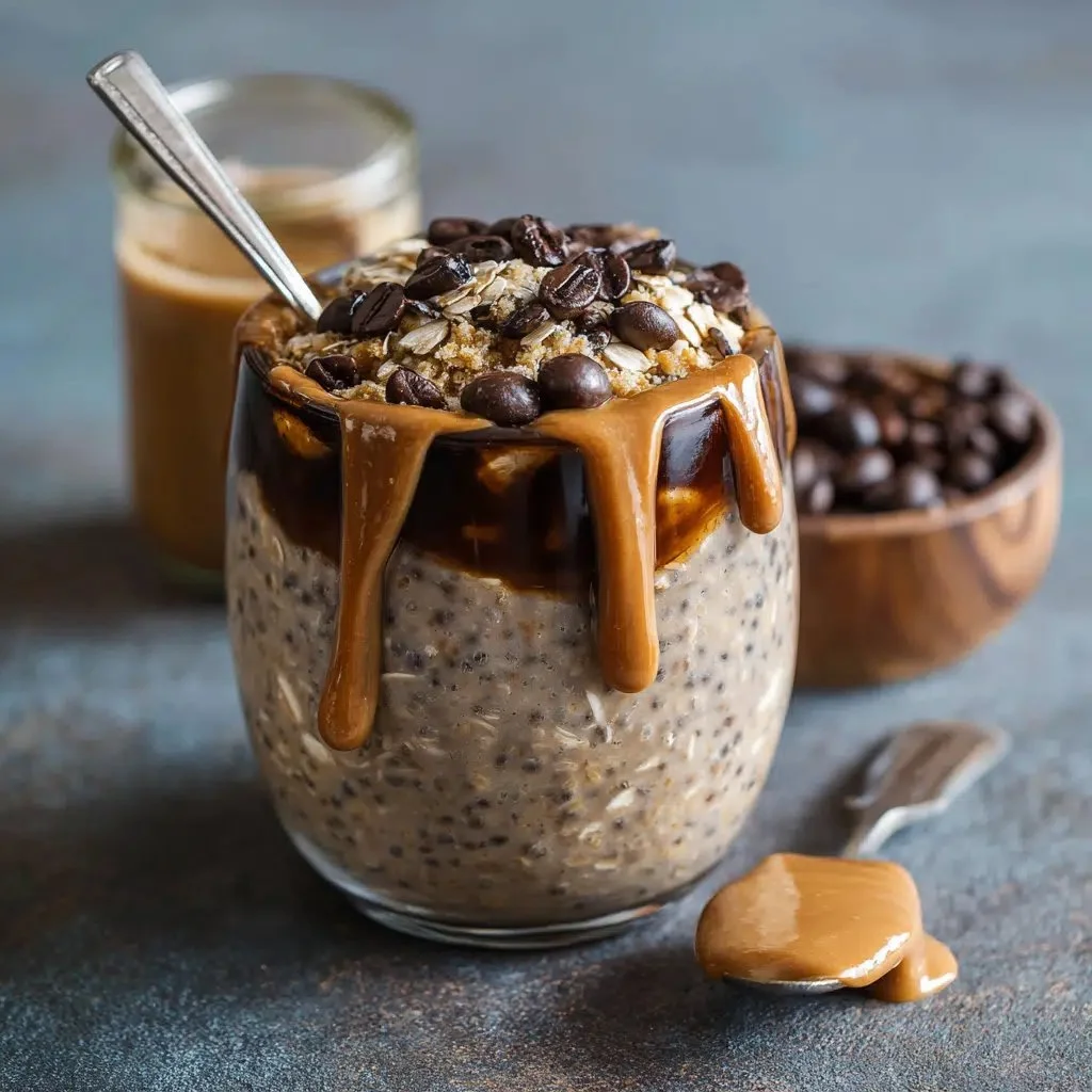 Shaken Espresso Overnight Oats Recipe 1 Shaken espresso overnight oats with coffee, milk, and toppings in a jar.