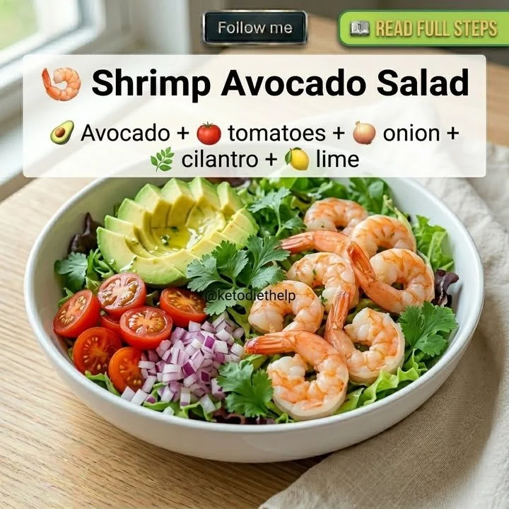 Shrimp and Avocado Salad 1 Shrimp and avocado salad served in a bowl with fresh ingredients