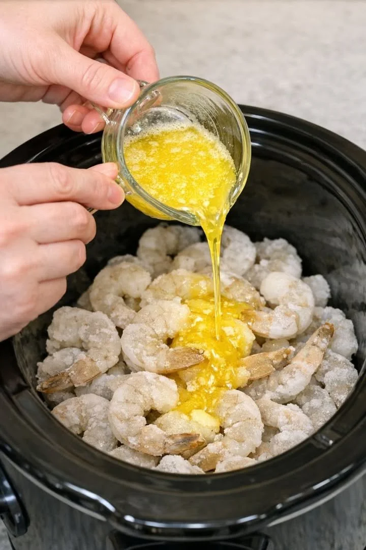 Slow Cooker Butter Shrimp with a 3-Ingredient Sauce 1 Plate of slow cooker butter shrimp garnished with fresh herbs and served with rice