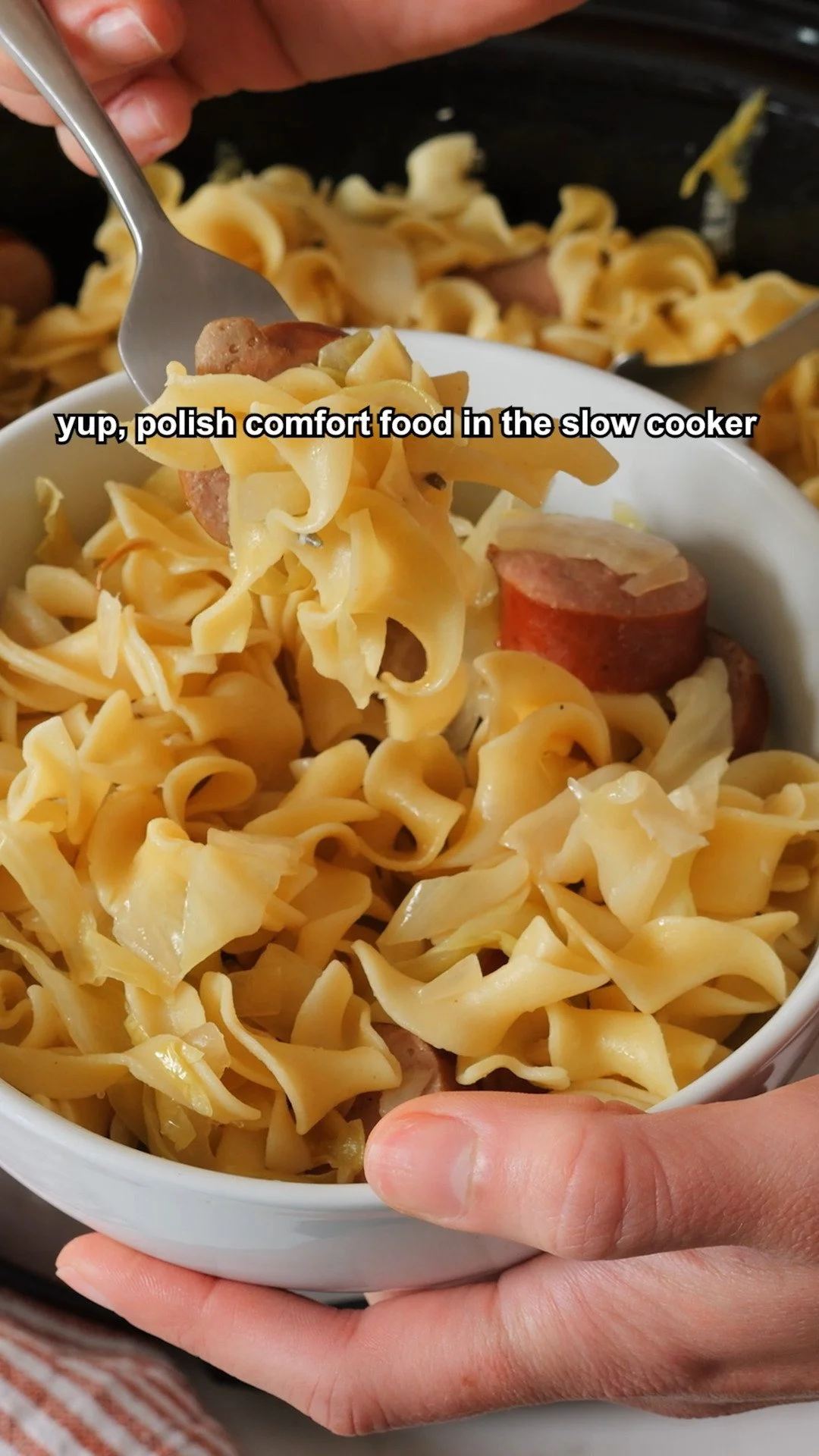 Slow Cooker Haluski Recipe 1 Delicious slow cooker Haluski served in a bowl with cabbage and noodles