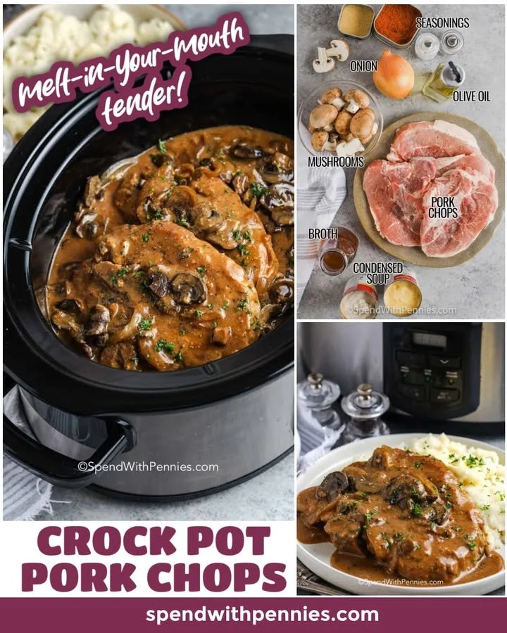 Slow Cooker Pork Chops in Mushroom Gravy 1 Slow cooker pork chops served in rich mushroom gravy with herbs