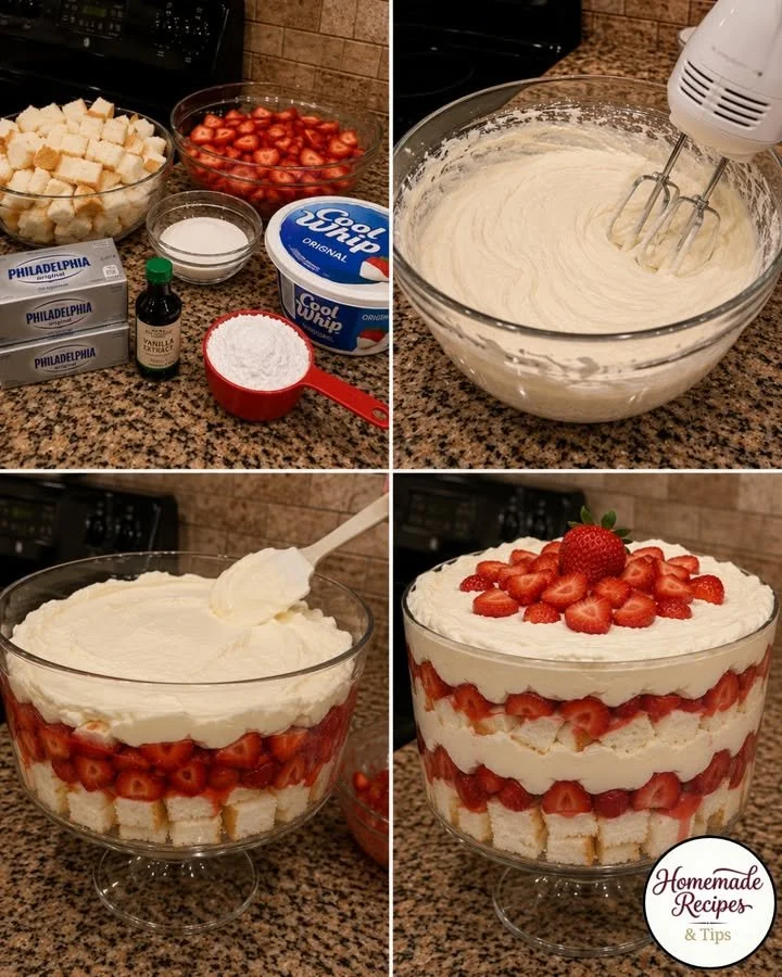 Strawberry Shortcake Trifle with layers of cake, strawberries, and cream