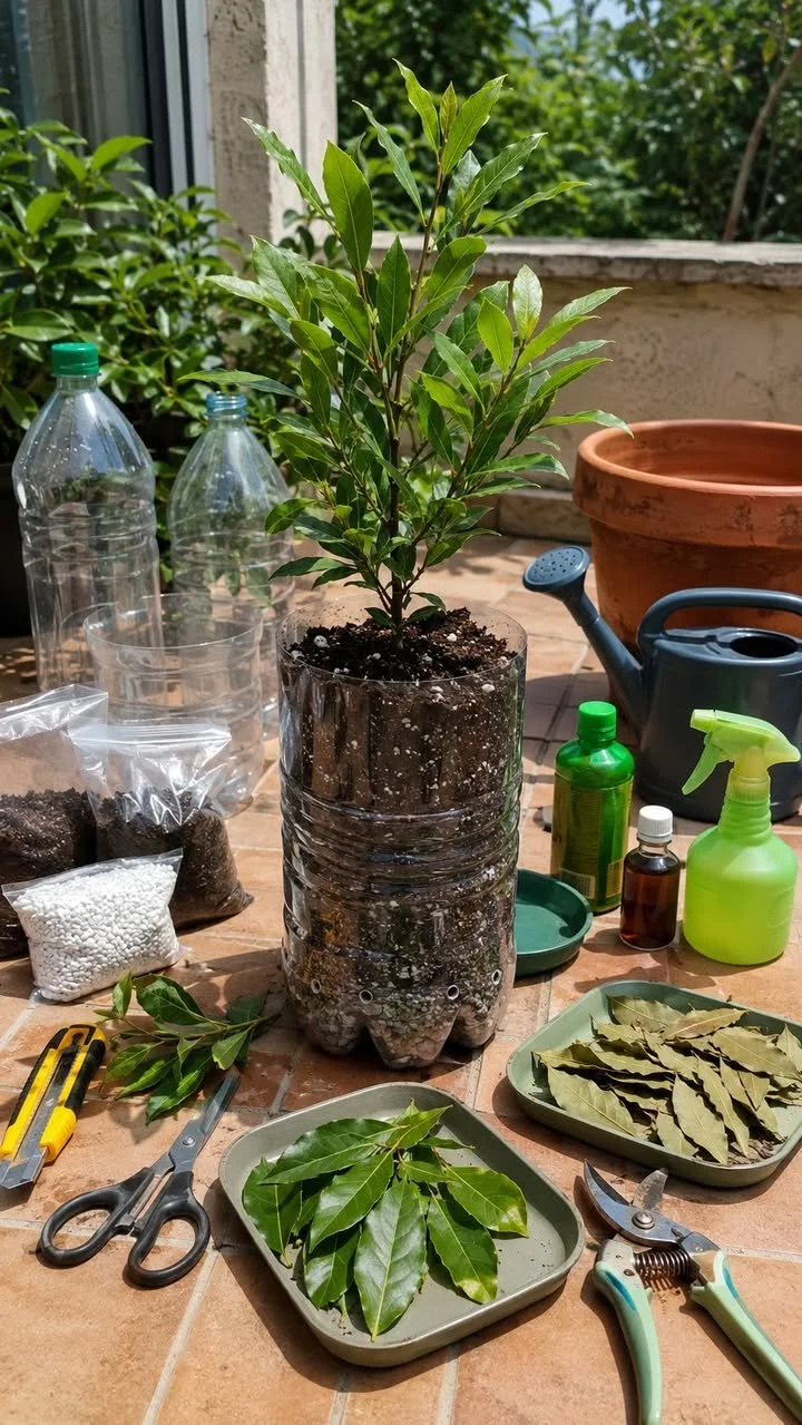 Sustainable Bay Leaf Tree care techniques using recycled plastic bottles.