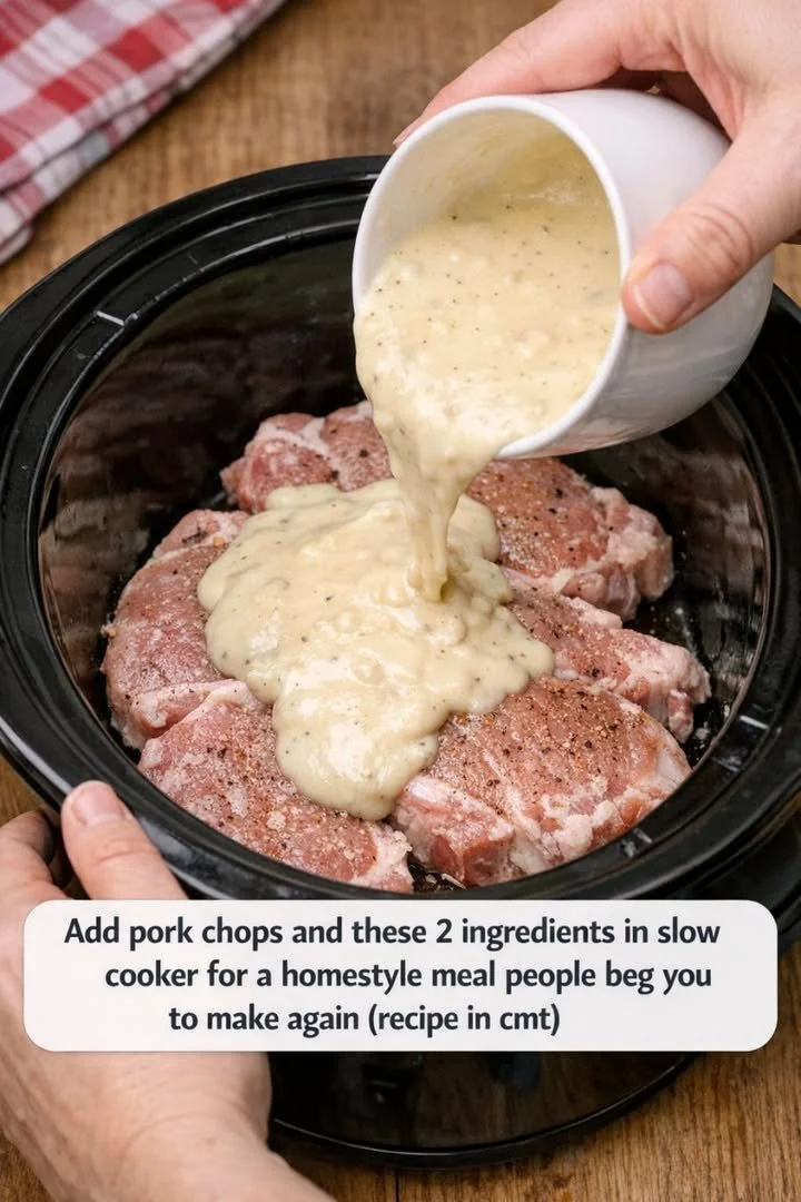 Two-Ingredient Slow Cooker Pork Chops Recipe 1 Two-ingredient slow cooker pork chops served on a plate garnished with herbs.