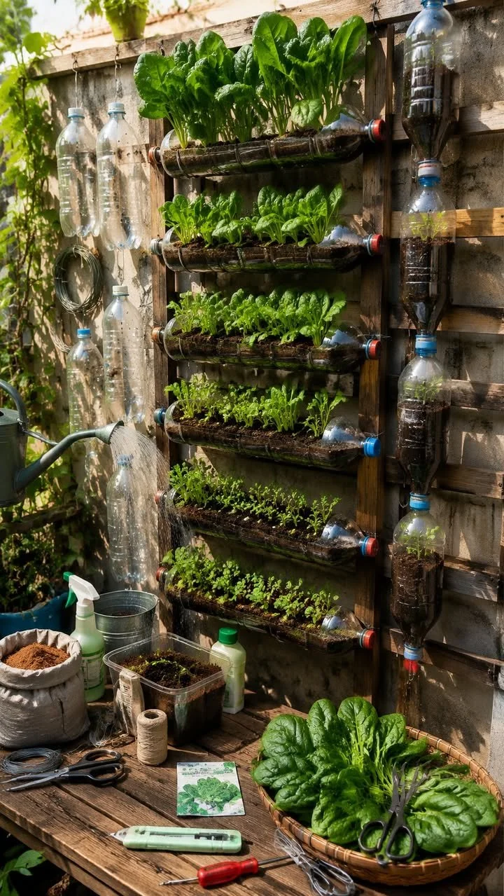 Upcycled wall garden showcasing spinach growing without traditional soil beds.