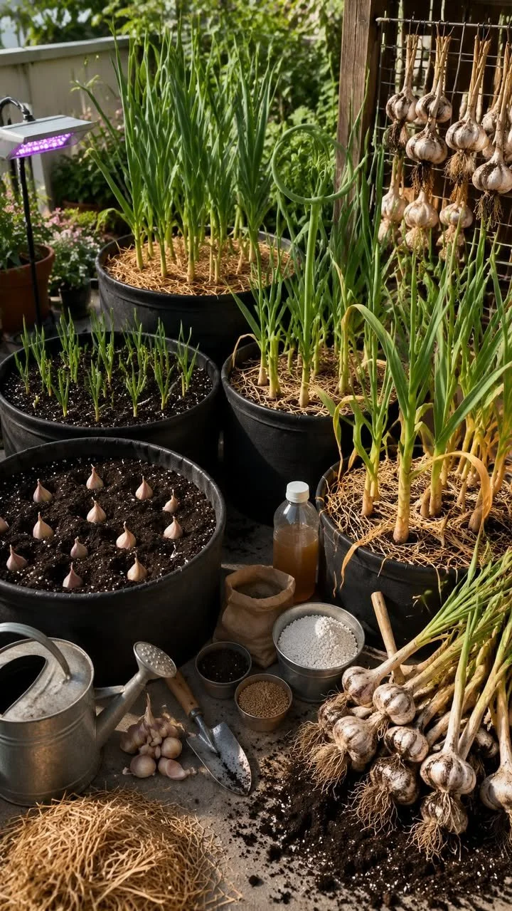 Urban Garlic growing in pots at home for easy access to fresh garlic.