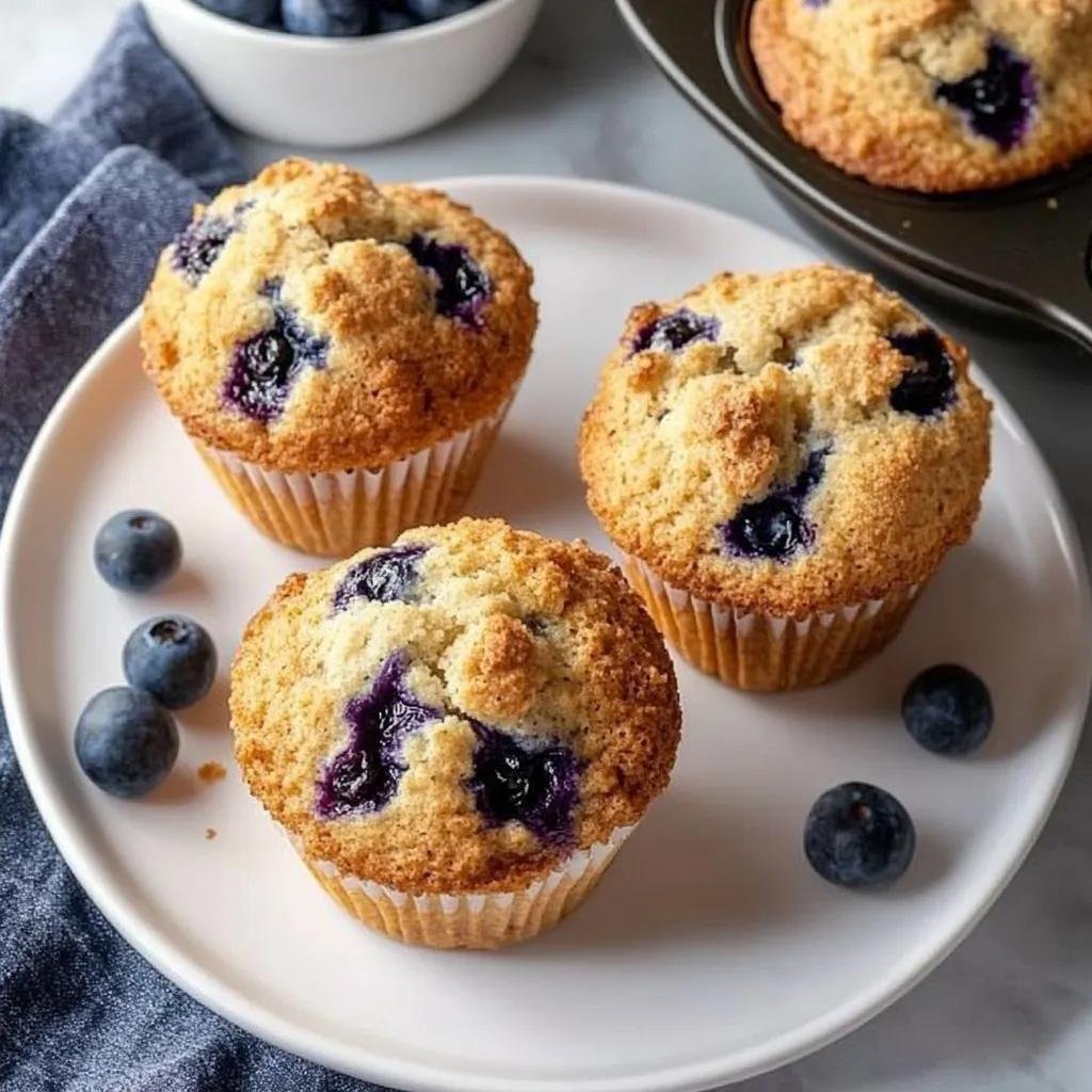 Golden blueberry protein muffins with oats on a ceramic plate, surrounded by fresh blueberries.