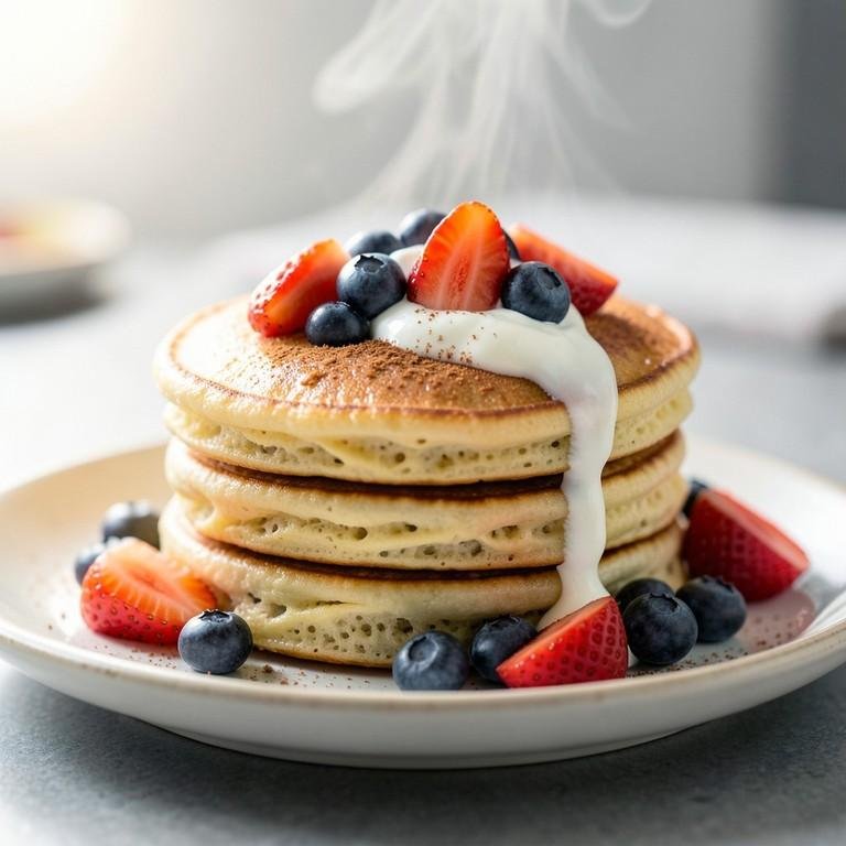 Stack of fluffy protein pancakes topped with Greek yogurt, strawberries, blueberries, banana slices, and maple syrup.