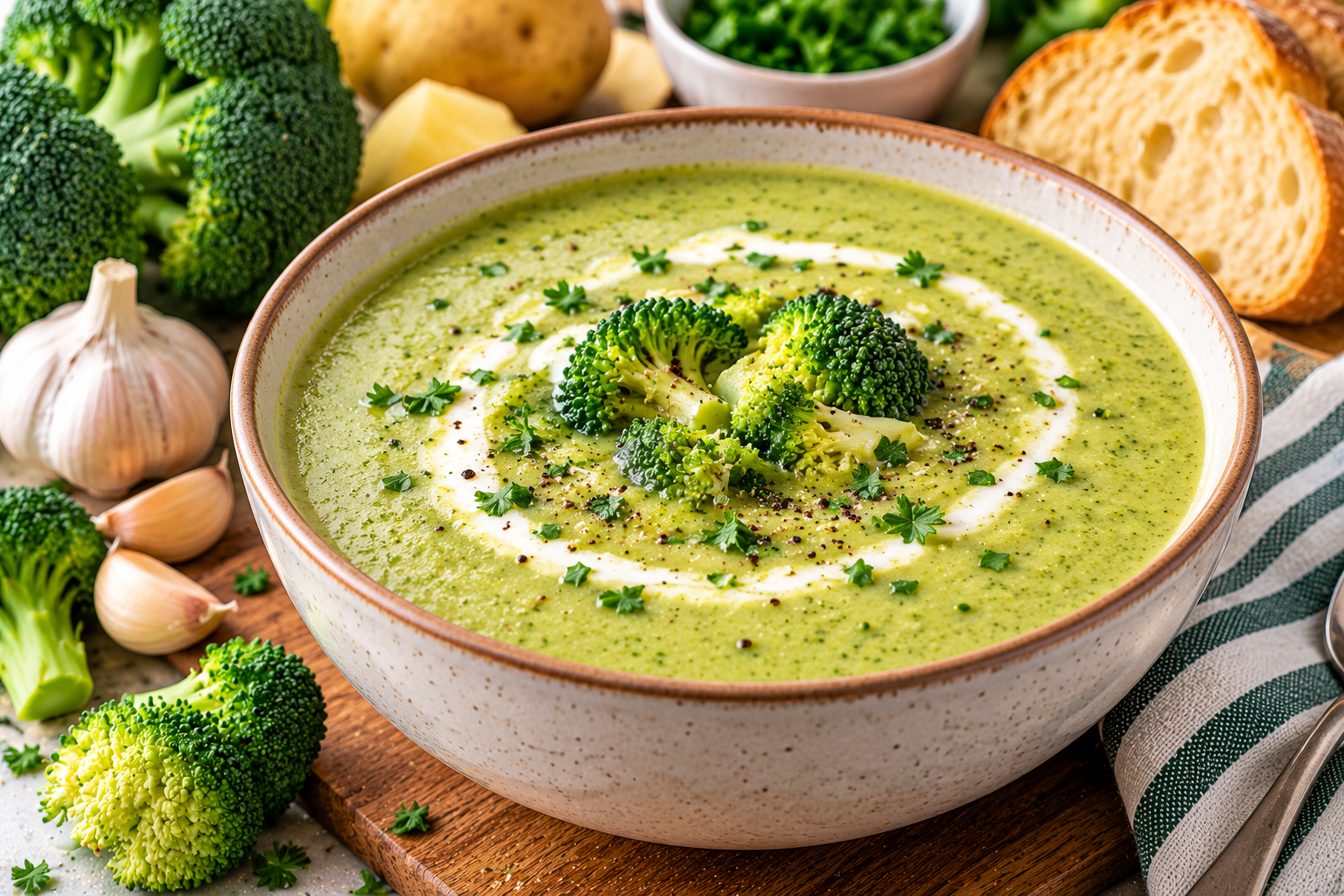 Creamy green broccoli soup in a ceramic bowl, topped with broccoli florets, fresh herbs, black pepper, and a swirl of milk.