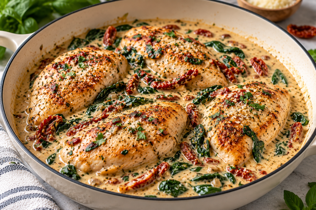 Creamy Tuscan chicken breasts in a skillet with spinach, sun-dried tomatoes, and garlic Parmesan sauce.