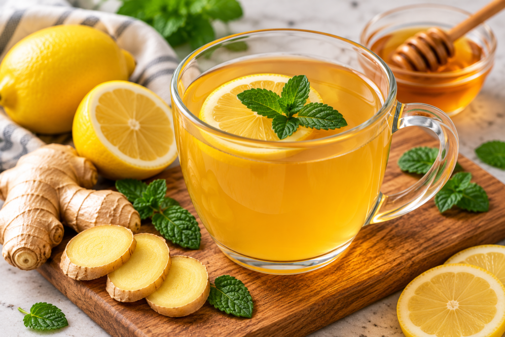 Six step-by-step photos showing how to make lemon ginger detox tea, from preparing fresh ingredients and simmering ginger to adding lemon juice and serving.