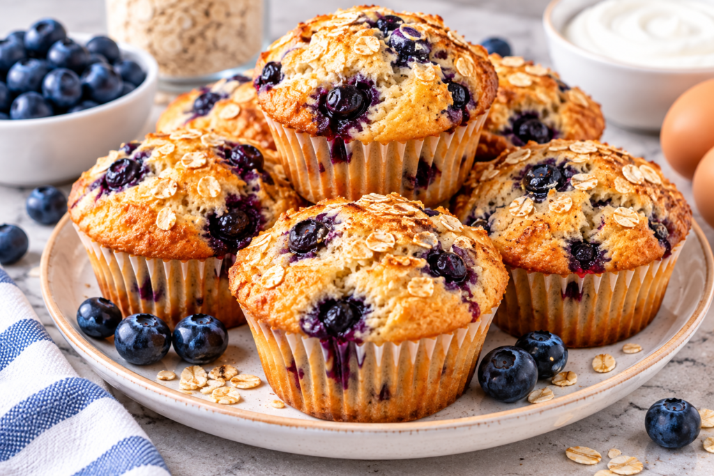 Golden blueberry protein muffins with oats on a ceramic plate, surrounded by fresh blueberries.