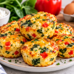 Cottage cheese egg bites with spinach, cheddar cheese, and red bell peppers on a white plate