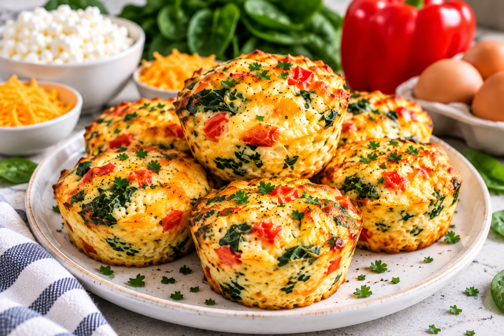 Golden cottage cheese egg bites with spinach, cheddar cheese, and red bell peppers served on a white plate.