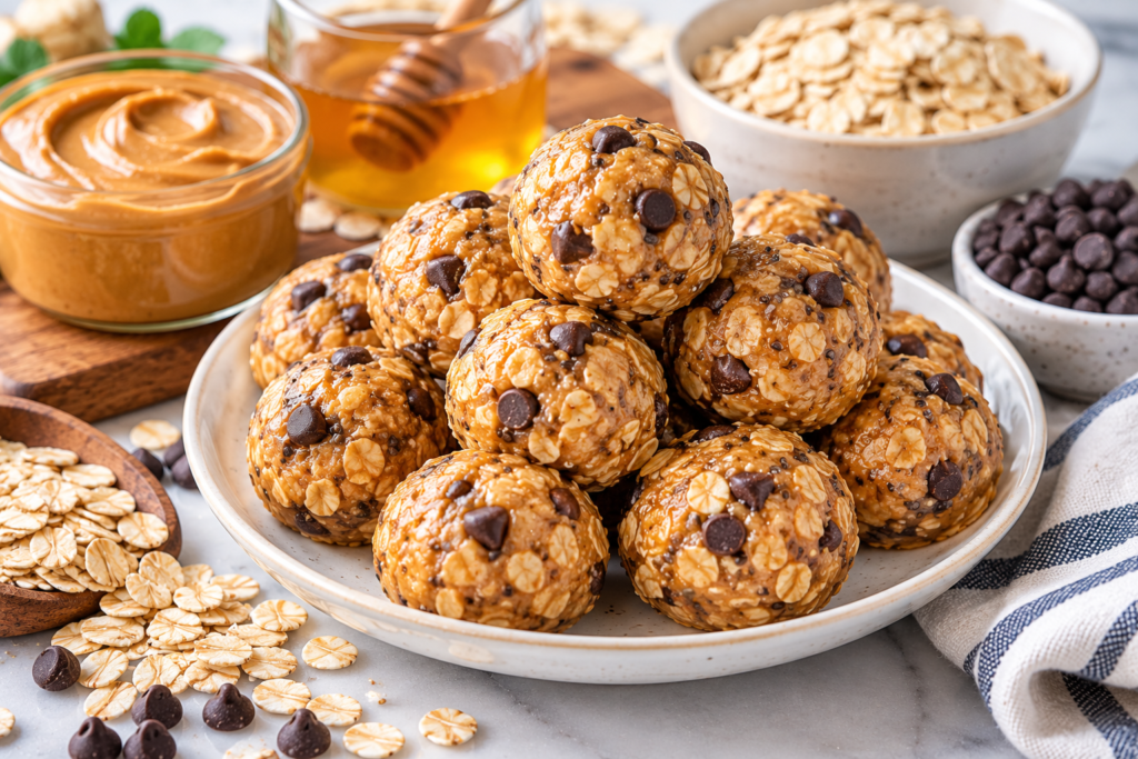 Homemade peanut butter oat energy bites with chocolate chips and flaxseed piled on a ceramic plate.