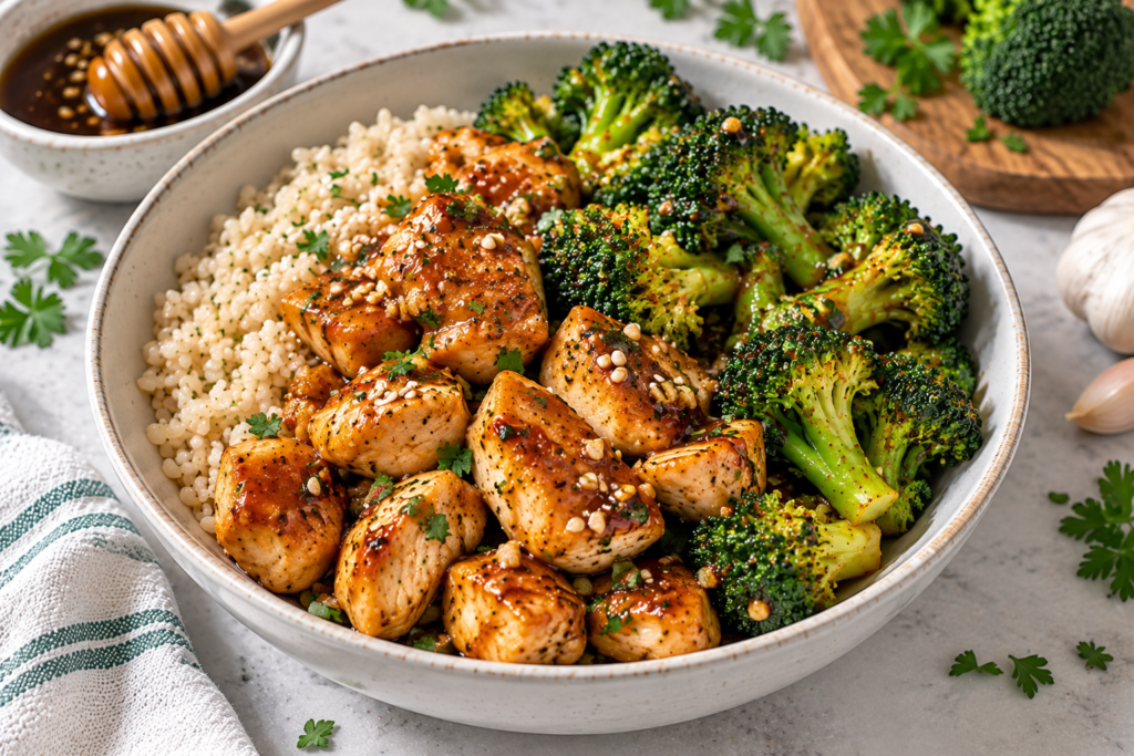 Honey garlic chicken breast pieces with broccoli and rice in a ceramic bowl, garnished with sesame seeds and fresh herbs.