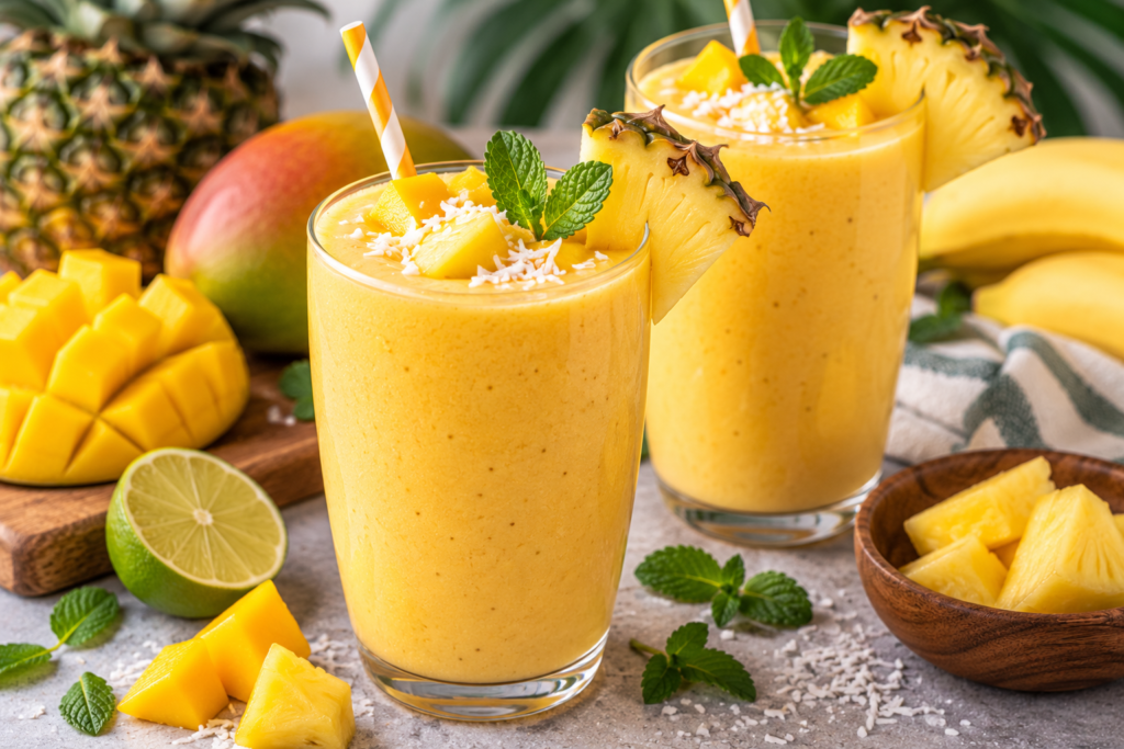 Two creamy tropical smoothies made with mango, pineapple, banana, and Greek yogurt, topped with fresh pineapple, mango chunks, coconut flakes, and mint.
